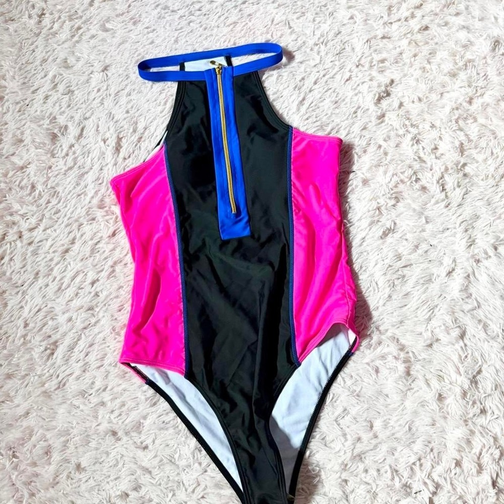Colorblock Retro 80s Inspired Zippered High Neck One Piece Swimsuit Womens XL